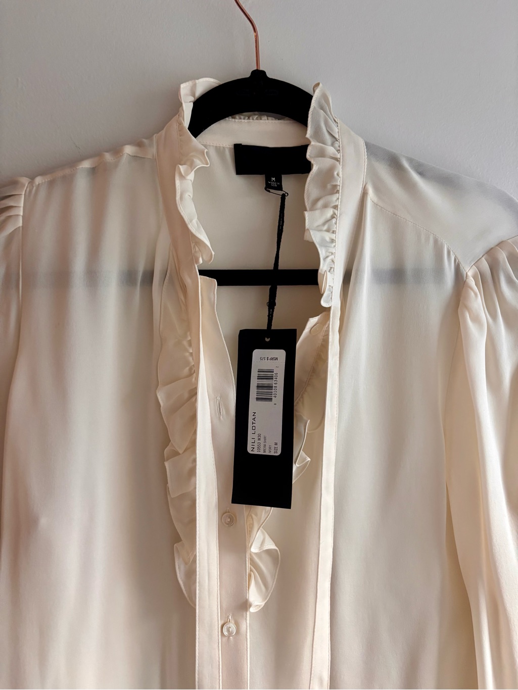 Nili Lotan Cream Ruffle-Trim Silk Blouse